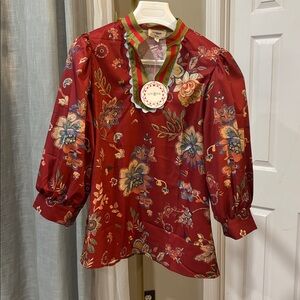 NEW Umgee Burgundy Floral Blouse with Red Green Trim Sz M but fits small